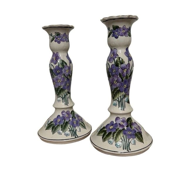 Vintage Pair Of Handpainted Candlestick Holders 8.5" Porcelain Floral Ceramic - Picture 1 of 11